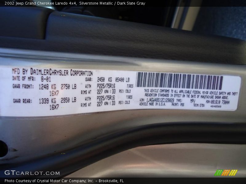 Silverstone Metallic / Dark Slate Gray 2002 Jeep Grand Cherokee Laredo 4x4