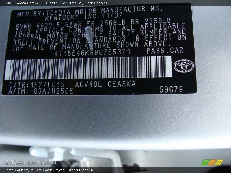 2008 Camry SE Classic Silver Metallic Color Code 1F7