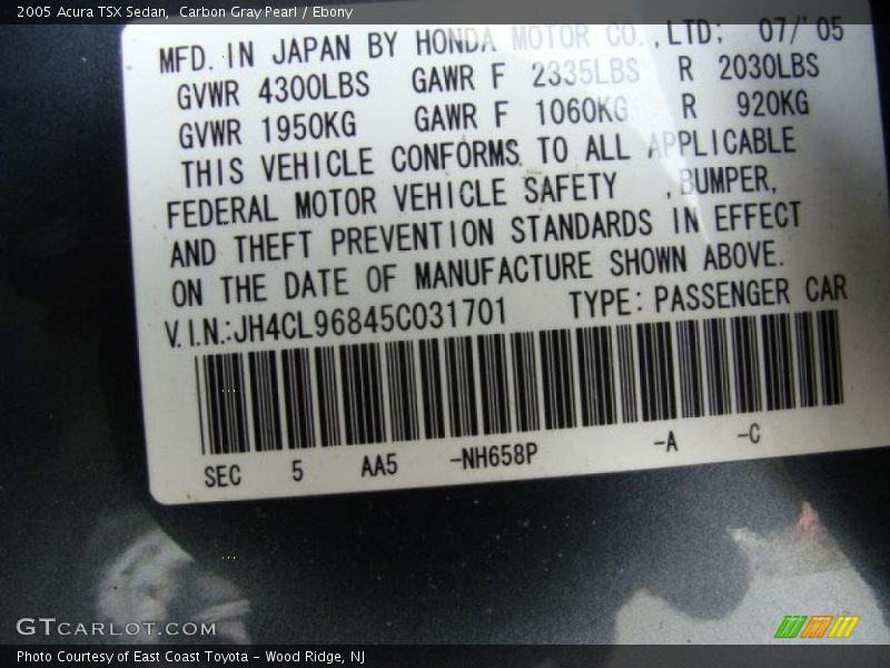 Carbon Gray Pearl / Ebony 2005 Acura TSX Sedan