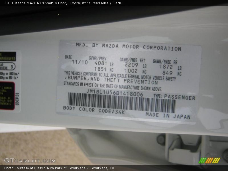 Crystal White Pearl Mica / Black 2011 Mazda MAZDA3 s Sport 4 Door