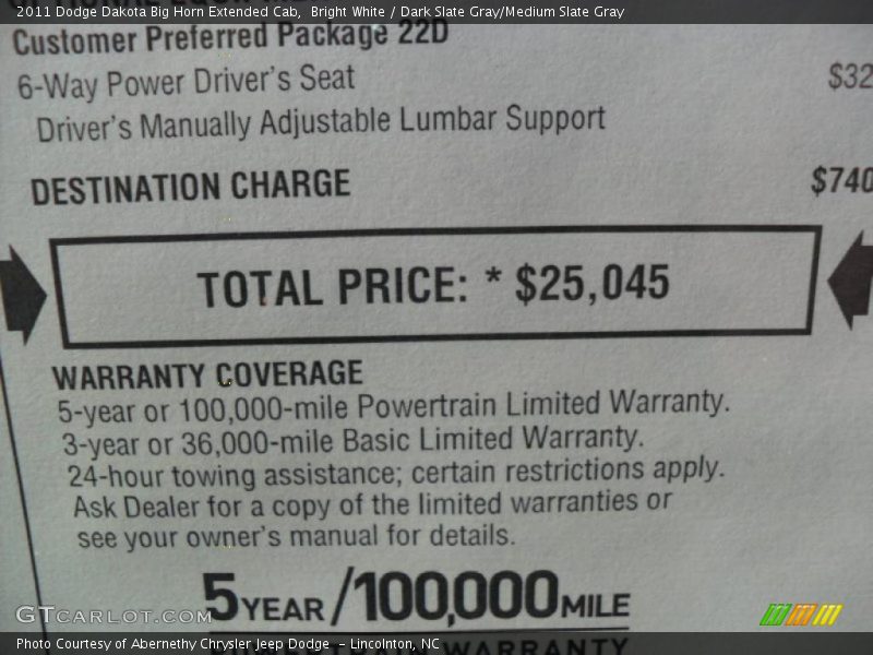 Bright White / Dark Slate Gray/Medium Slate Gray 2011 Dodge Dakota Big Horn Extended Cab