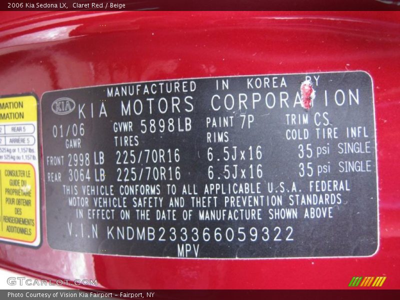 Claret Red / Beige 2006 Kia Sedona LX