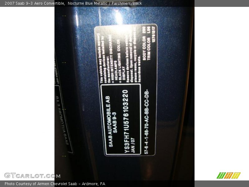 2007 9-3 Aero Convertible Nocturne Blue Metallic Color Code 290