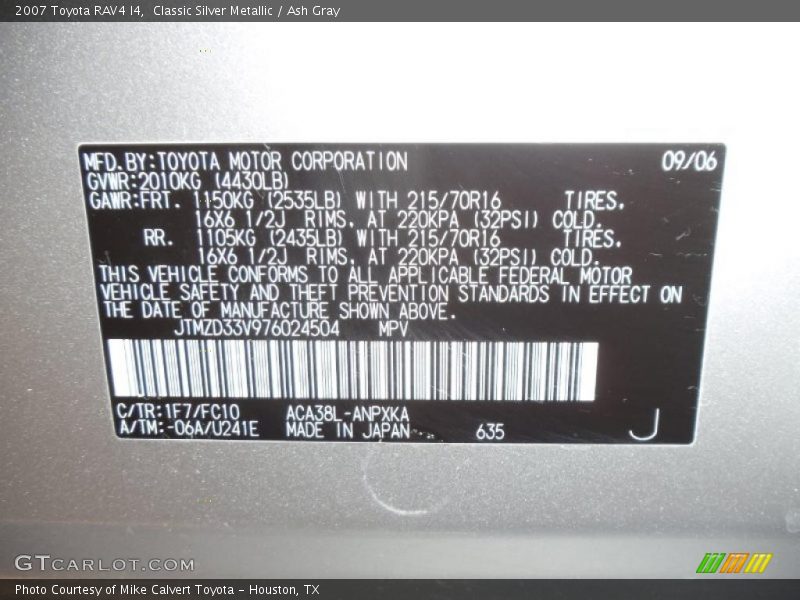 2007 RAV4 I4 Classic Silver Metallic Color Code 1F7