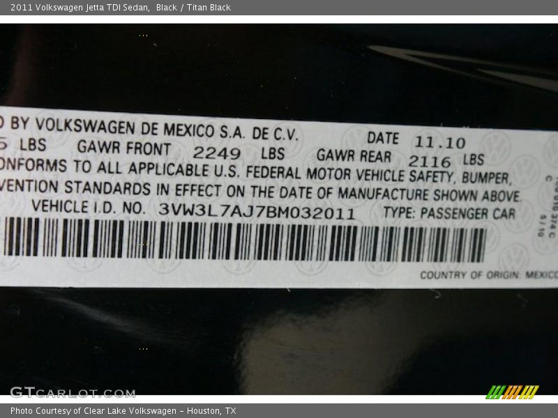 Info Tag of 2011 Jetta TDI Sedan