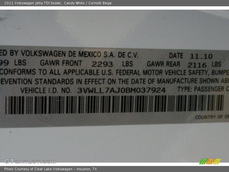 Info Tag of 2011 Jetta TDI Sedan