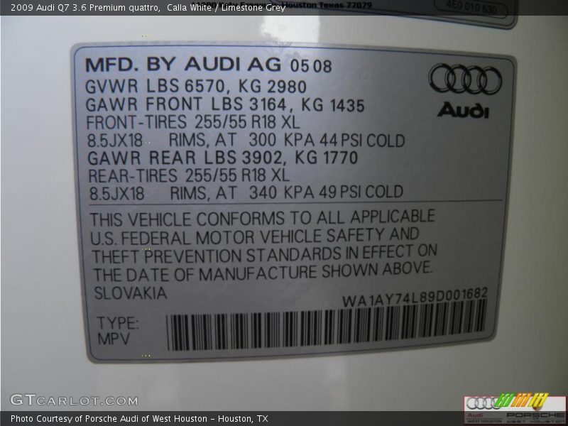 Calla White / Limestone Grey 2009 Audi Q7 3.6 Premium quattro