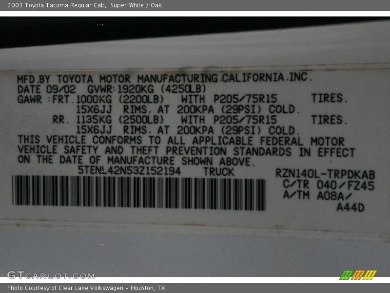 Super White / Oak 2003 Toyota Tacoma Regular Cab