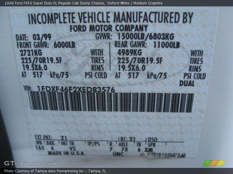 1999 F450 Super Duty XL Regular Cab Dump Chassis Oxford White Color Code Z1