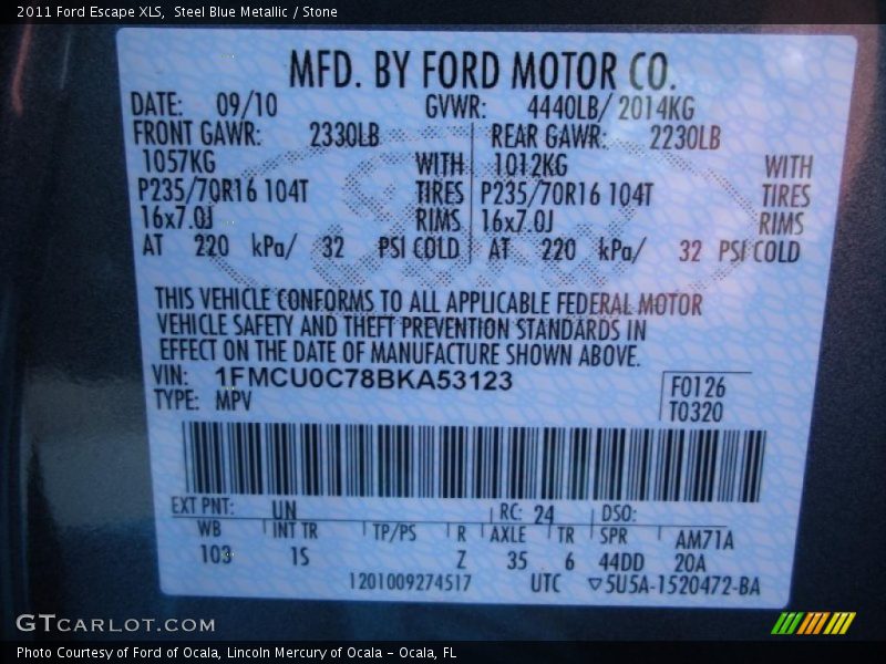2011 Escape XLS Steel Blue Metallic Color Code UN