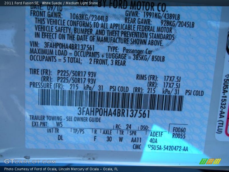 White Suede / Medium Light Stone 2011 Ford Fusion SE