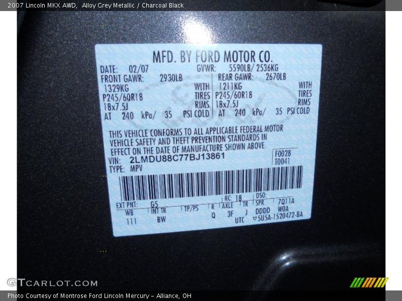 2007 MKX AWD Alloy Grey Metallic Color Code G5