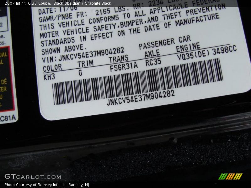 Black Obsidian / Graphite Black 2007 Infiniti G 35 Coupe