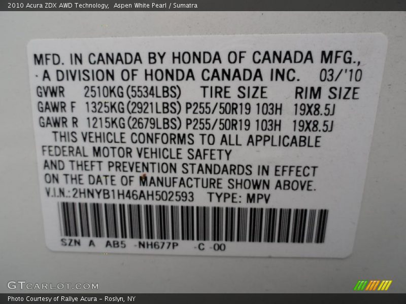 Aspen White Pearl / Sumatra 2010 Acura ZDX AWD Technology