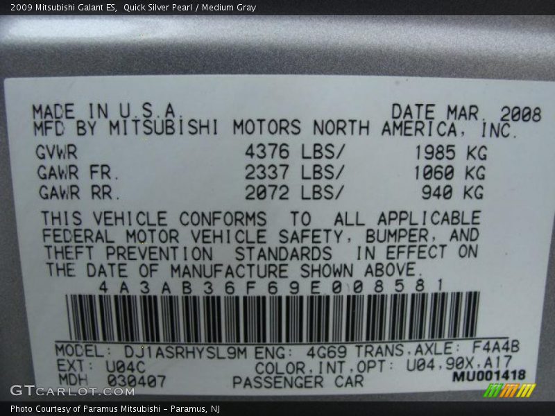 Quick Silver Pearl / Medium Gray 2009 Mitsubishi Galant ES