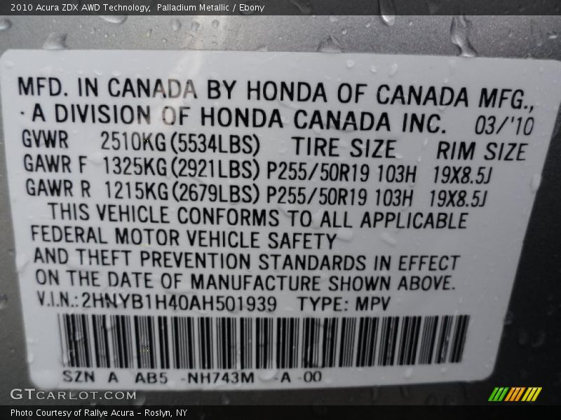 Palladium Metallic / Ebony 2010 Acura ZDX AWD Technology