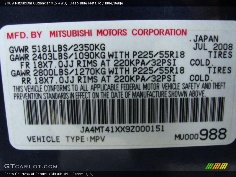 Deep Blue Metallic / Blue/Beige 2009 Mitsubishi Outlander XLS 4WD