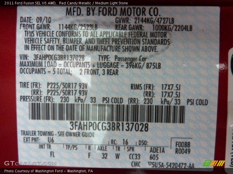 2011 Fusion SEL V6 AWD Red Candy Metallic Color Code U6