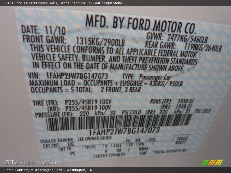 2011 Taurus Limited AWD White Platinum Tri-Coat Color Code UG