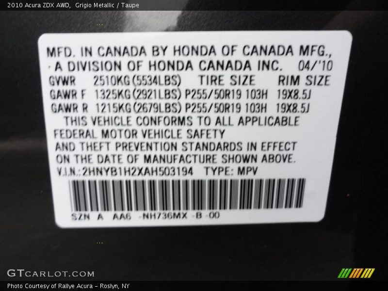 2010 ZDX AWD Grigio Metallic Color Code NH736MX