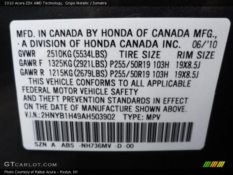 Grigio Metallic / Sumatra 2010 Acura ZDX AWD Technology