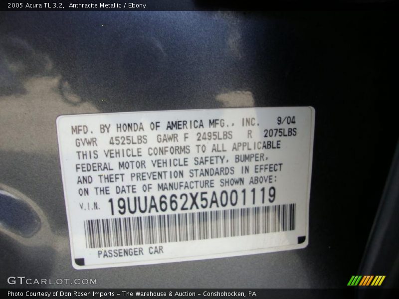 Anthracite Metallic / Ebony 2005 Acura TL 3.2