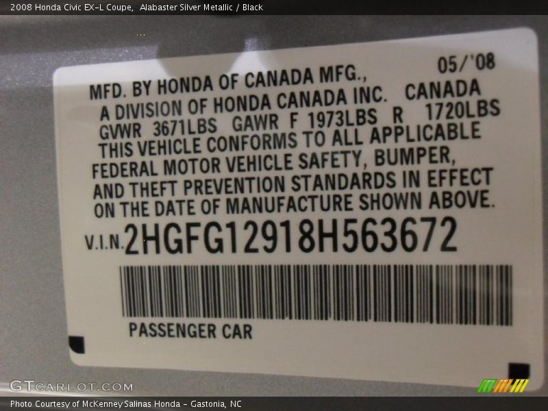 Alabaster Silver Metallic / Black 2008 Honda Civic EX-L Coupe
