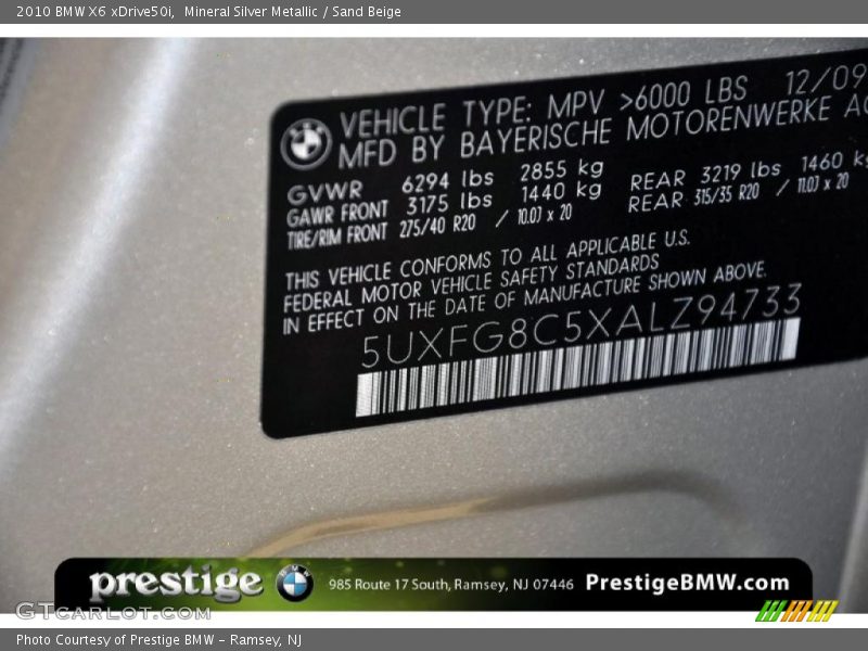 Mineral Silver Metallic / Sand Beige 2010 BMW X6 xDrive50i