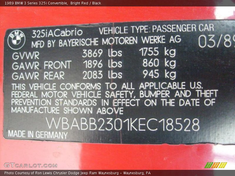 Info Tag of 1989 3 Series 325i Convertible