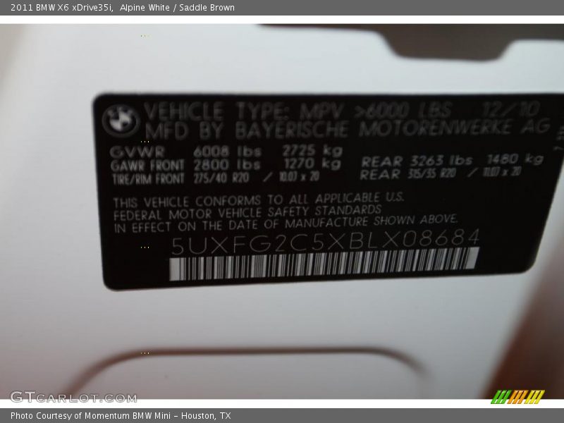 Alpine White / Saddle Brown 2011 BMW X6 xDrive35i