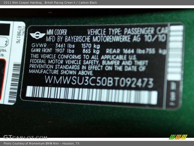 British Racing Green II / Carbon Black 2011 Mini Cooper Hardtop