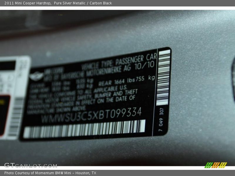 Pure Silver Metallic / Carbon Black 2011 Mini Cooper Hardtop