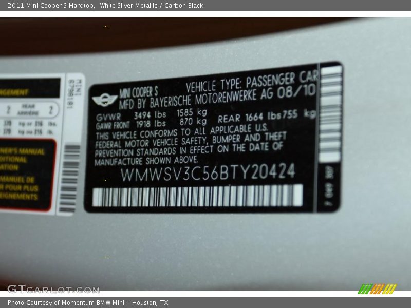 White Silver Metallic / Carbon Black 2011 Mini Cooper S Hardtop