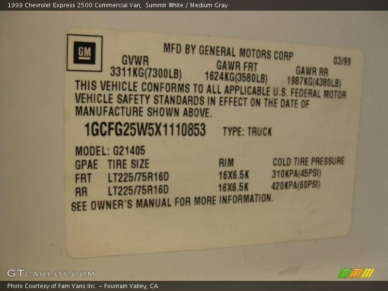 Summit White / Medium Gray 1999 Chevrolet Express 2500 Commercial Van