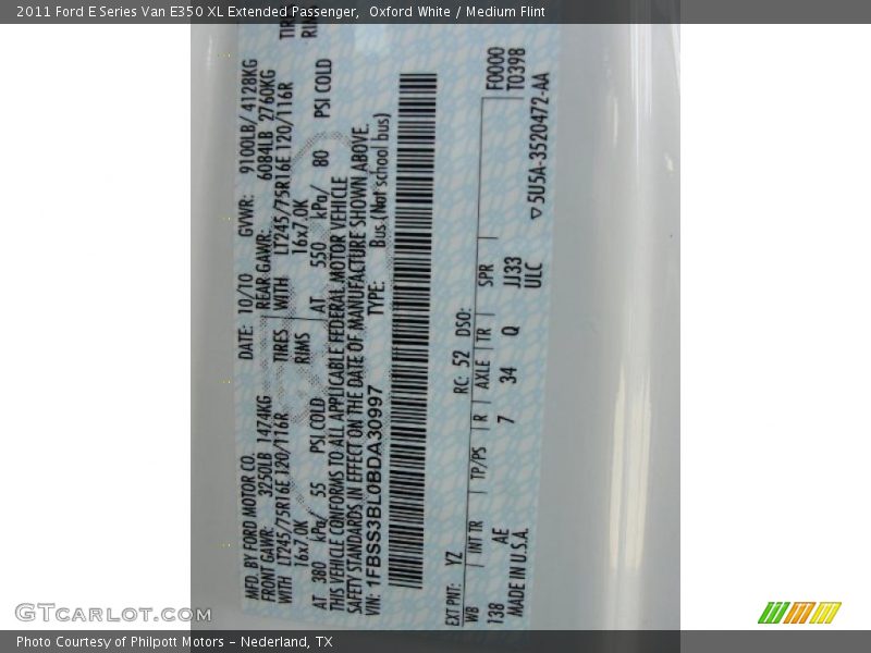 2011 E Series Van E350 XL Extended Passenger Oxford White Color Code YZ