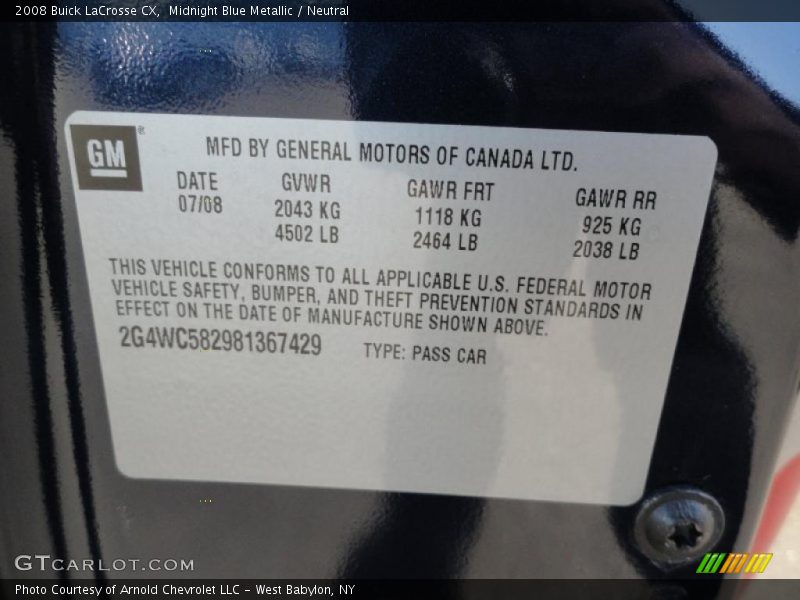 Midnight Blue Metallic / Neutral 2008 Buick LaCrosse CX