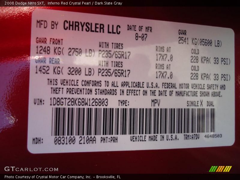 Inferno Red Crystal Pearl / Dark Slate Gray 2008 Dodge Nitro SXT