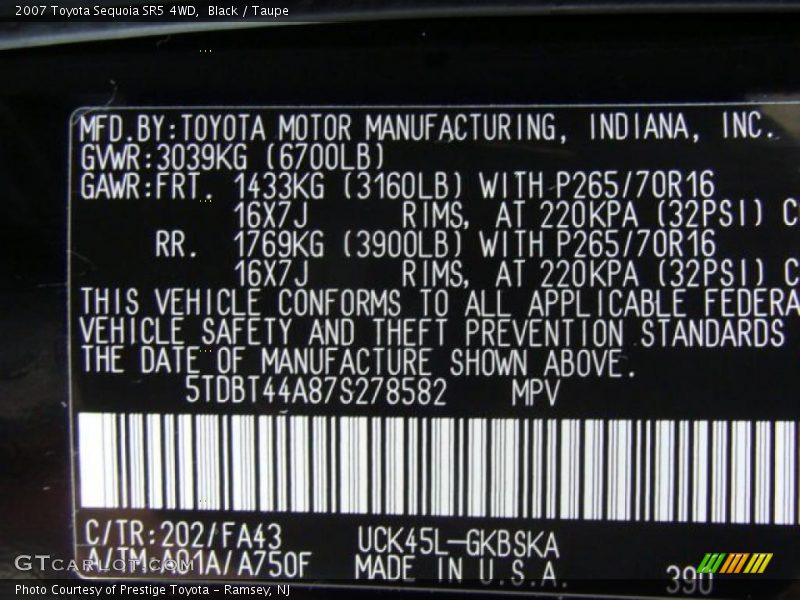 Black / Taupe 2007 Toyota Sequoia SR5 4WD