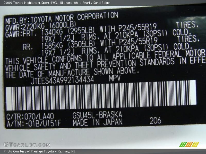 Blizzard White Pearl / Sand Beige 2009 Toyota Highlander Sport 4WD