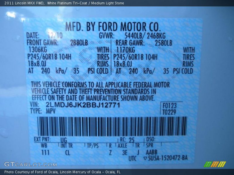 White Platinum Tri-Coat / Medium Light Stone 2011 Lincoln MKX FWD