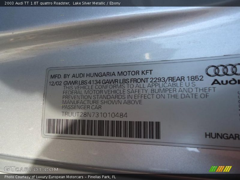 Lake Silver Metallic / Ebony 2003 Audi TT 1.8T quattro Roadster