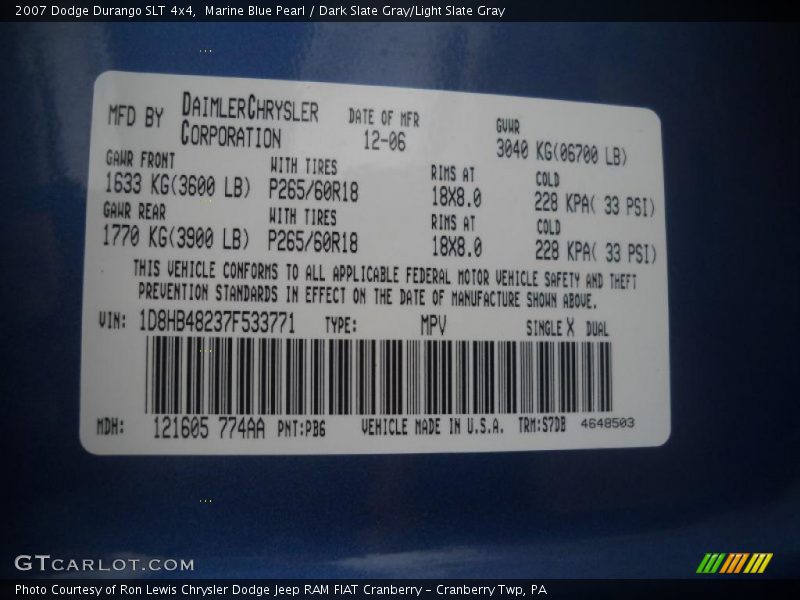 Marine Blue Pearl / Dark Slate Gray/Light Slate Gray 2007 Dodge Durango SLT 4x4