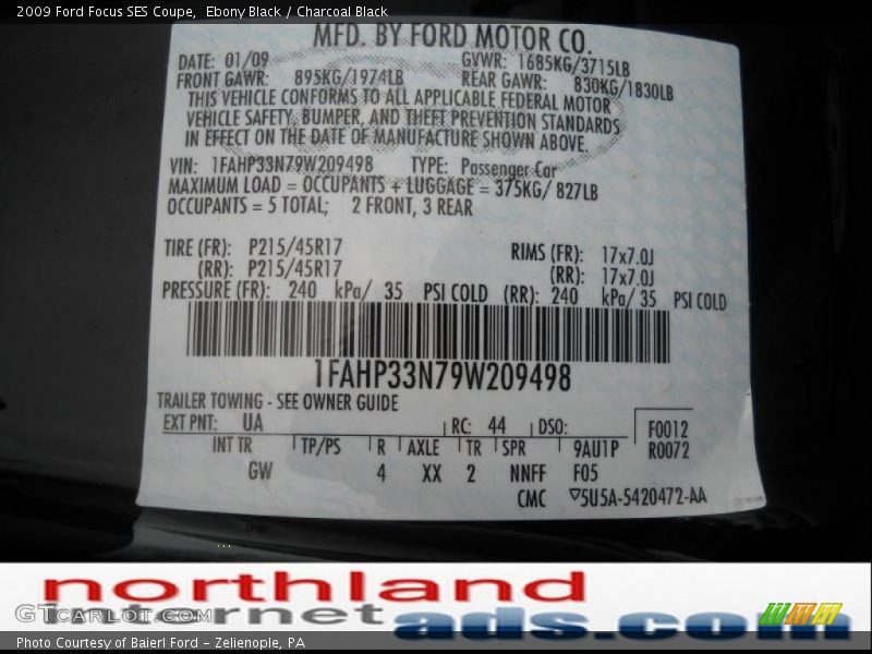Ebony Black / Charcoal Black 2009 Ford Focus SES Coupe