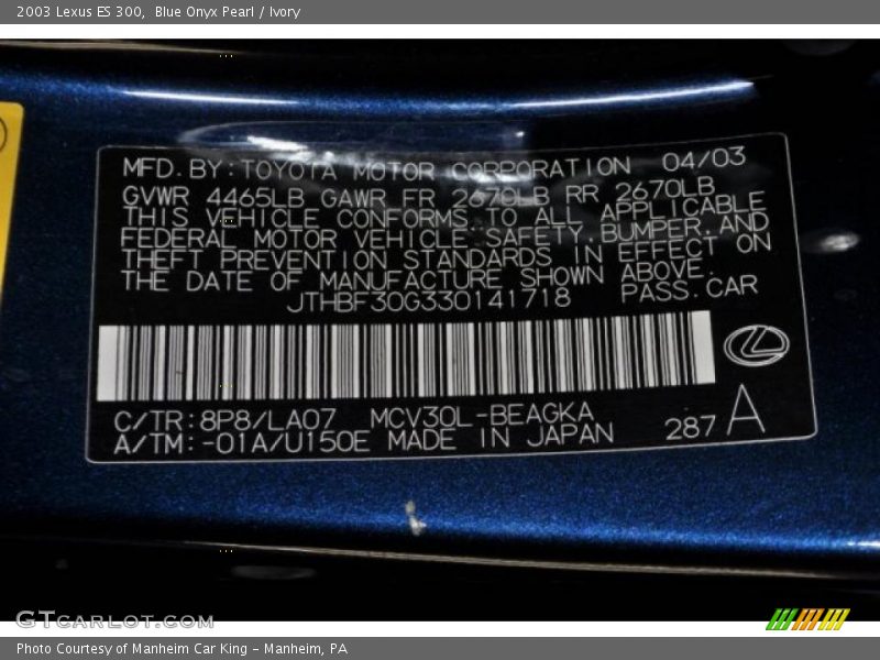 Blue Onyx Pearl / Ivory 2003 Lexus ES 300