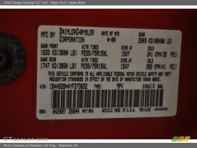 Flame Red / Agate Black 2000 Dodge Durango SLT 4x4