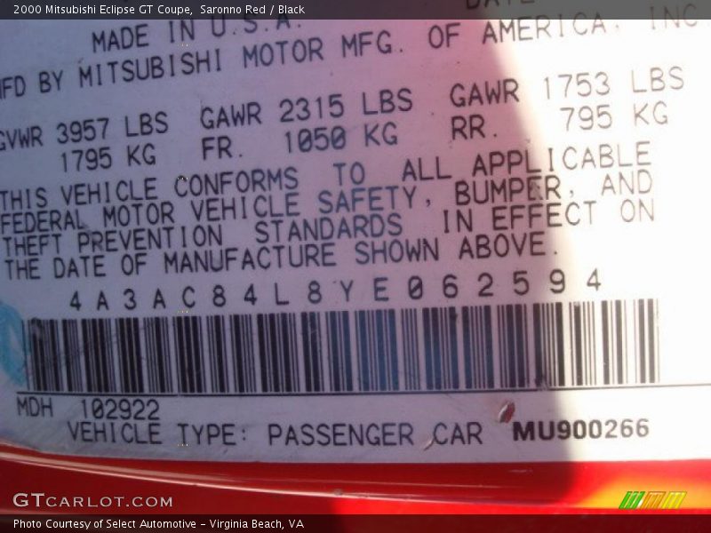 Saronno Red / Black 2000 Mitsubishi Eclipse GT Coupe