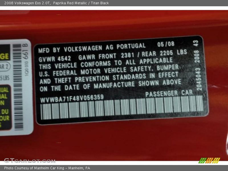 Paprika Red Metallic / Titan Black 2008 Volkswagen Eos 2.0T