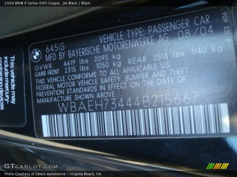 Info Tag of 2004 6 Series 645i Coupe