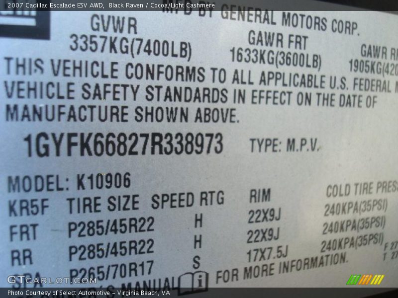 Black Raven / Cocoa/Light Cashmere 2007 Cadillac Escalade ESV AWD