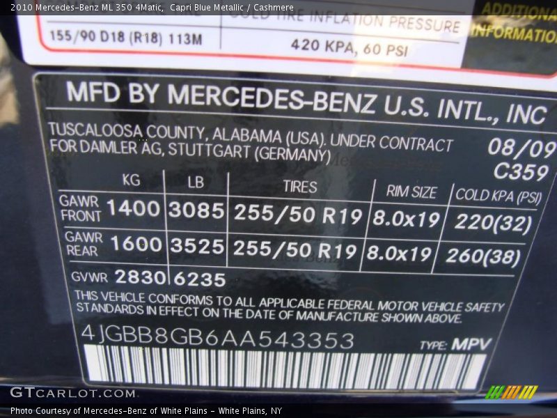 2010 ML 350 4Matic Capri Blue Metallic Color Code 359